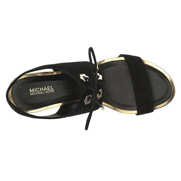 NEW MICHAEL Michael Kors Women Estela Gold Floral Mid Chunky Dress Heel Sandals - Picture 6 of 8